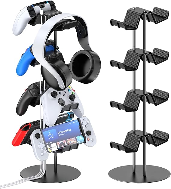 Kytok Controller Stand 4 Tiers with Cable Organizer for Desk, Universal Headphone Stand Compatible with Xbox PS5 PS4 Console Nintendo Switch, Headset Holder & Desk Mounts for 8 Packs Controller
