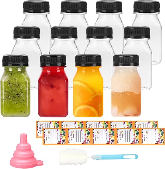 Juice Bottles 12 Pack, 120ml Clear Pet Plastic Bottles with Leak-Proof Lids