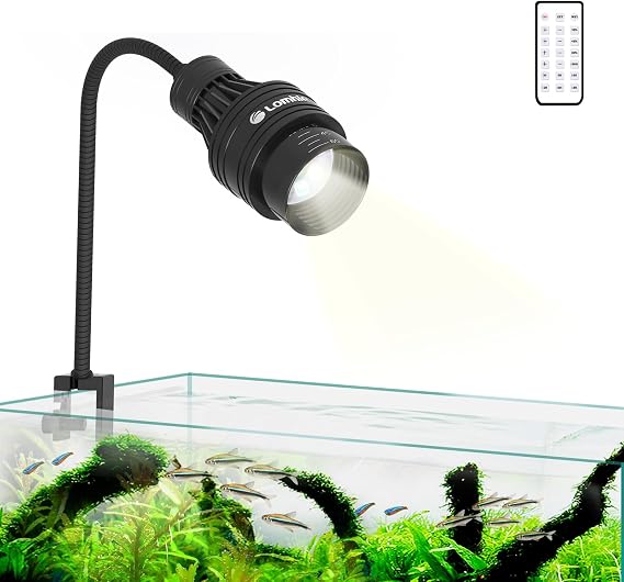 Lominie Full Spectrum LED Aquarium Light with 360° Gooseneck Clip on Fish Tank Light with Dimmable and Timer,Clip-On Marine Lighting for Coral Reef & Planted Tanks,CRI>93,Freshwater,Black-Asta 15 [Energy Class G]
