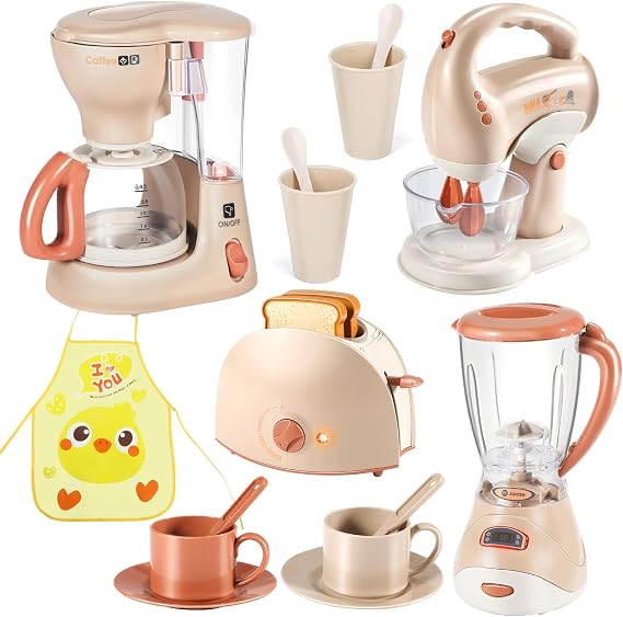 Play kitchen set with coffee machine toy ，toaster，mixer ，blender and toy kitchen accessories ,gifts for 3 4 5 6 year old girl and boy