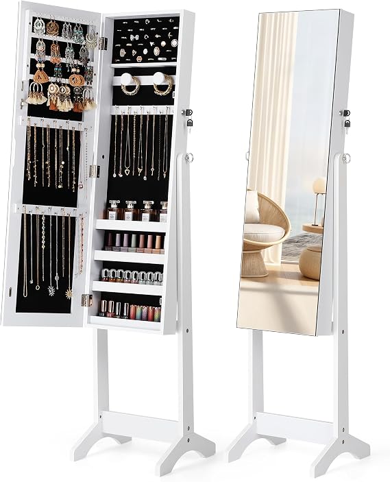Nicetree Jewelry Cabinet Armoire, Freestanding Jewelry Armoire Organizer with Full-Length Mirror, Lockable Jewelry Storage Cabinet, Frameless Mirror, 3 Adjustable Angles, Moon White