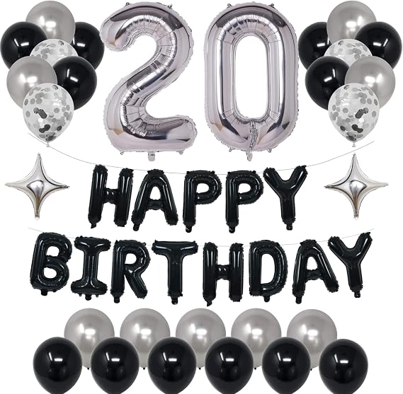 20th Black Silver Birthday Party Decorations for Men Women, Happy 20 Birthday Party Supplies with Black Happy Birthday Banner, Silver Foil Stars, Happy Birthday Balloons for 20th Birthday