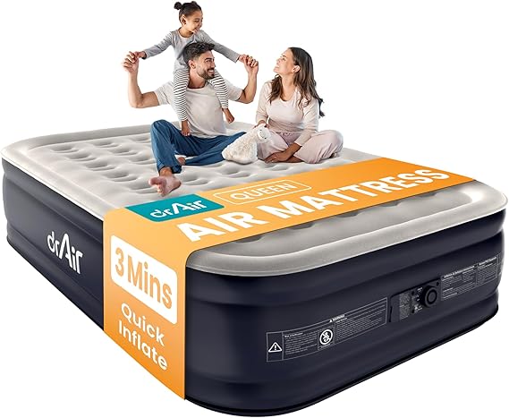 Dr. air Queen Air Mattress with Built-in Pump, 18" Raised Blow Up Mattress, 800 lbs Max Honeycomb Air Bed, 48Hr Leak-Proof Test, 3min Inflatable Mattress for Home, Guests, Camping, Colchones inflables