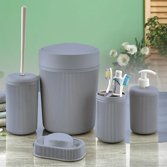 Promotional Bathroom Set, Trash Can, Liquid Soap Dispenser, Toothbrush, Soap Dispenser and Toilet Brush, 5 Pieces (Anthracite Grey)