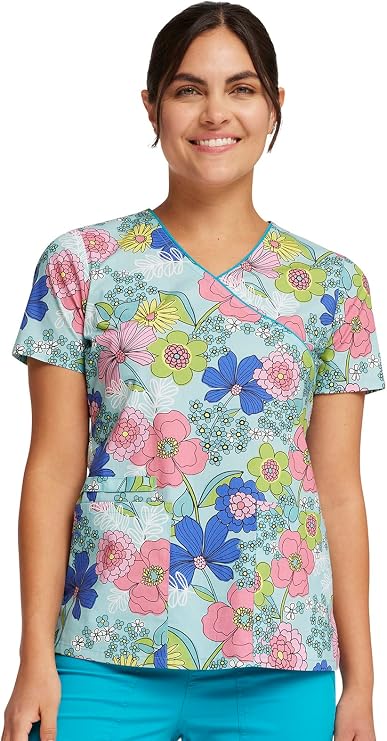 Cherokee Prints Women Scrubs Top Mock Wrap Modern Classic Fit | Neck Piping, Two Patch Pockets, Instrument Loop, Side Vents, Slimming Shape And Mobility For Healthcare Work
