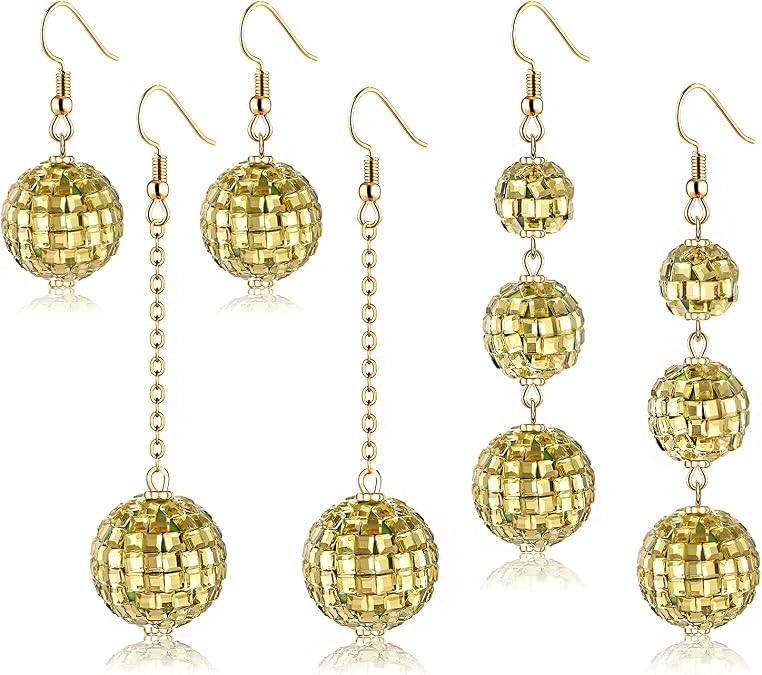 YAHPERN 3Pairs Disco Ball Earrings for Women, Halloween Outfits Accessories, Statement Dance Party Mirror Ball Dangle Earrings Halloween Party Holiday Gifts