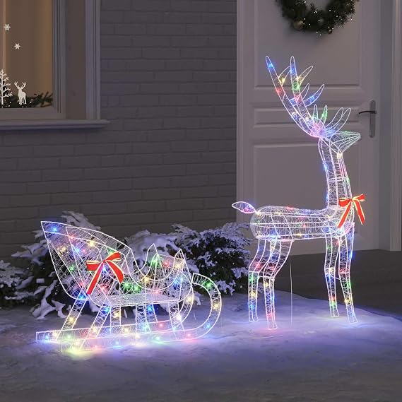 Colourful Reindeer Pull Sleigh, 70x26x129 cm Acrylic Christmas Decoration with 200 LED Lights, Indoor Outdoor Winter Home Decor