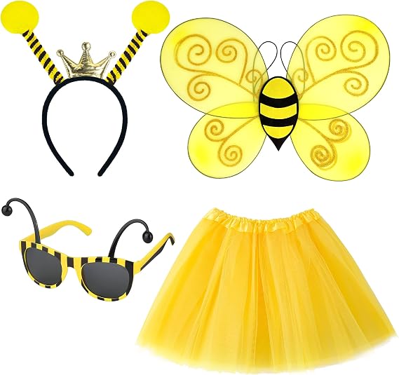 Bee Costume, Bumble Bee Costume with Bees Wings Antenna Headband Sunglasses Yellow Tutu for Women Men Halloween World Book Day Dress Party