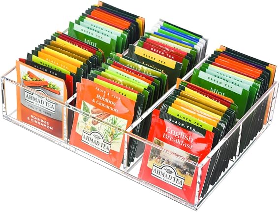 Tasybox Tea Bag Organizer, Clear Acrylic Tea Bag Holder with 6 Slot, Tea Packet Storage for Drawer, Pantry, Kitchen, Cabinet, Countertop
