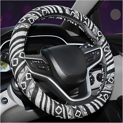 Boho Steering Wheel Cover, 15 Inch Coarse Flax Cloth Ethnic Style Anti-Slip Car Wheel Wrap, Universal Breathable Bohemian Steering Wheel Protector for Cars Vans Trucks E