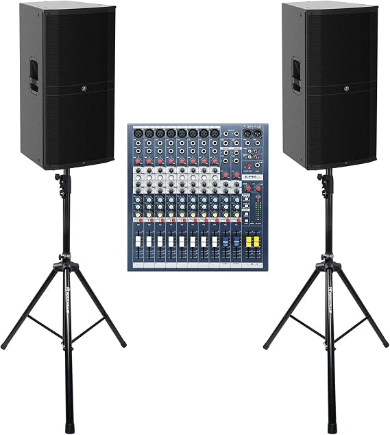 Audiosavings Bundle: (2) Mackie DRM315 Powered Active PA Speaker Bundle with (1) Soundcraft EPM8 Stereo Channel Recording Mixer Console EPM 8 & (2) Rockville DJ PA Tripod Speaker Stand (Items 5)