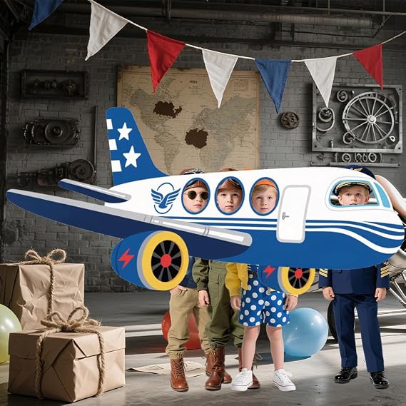 WADORN Airplane Shaped Photo Prop Selfie Frame Party Banner, 6.7x2.9 Ft Large Aircraft Themed Photo Backdrop Plane Themed Background Banner Hanging Supplies for Aviation Airplane Party Supplies