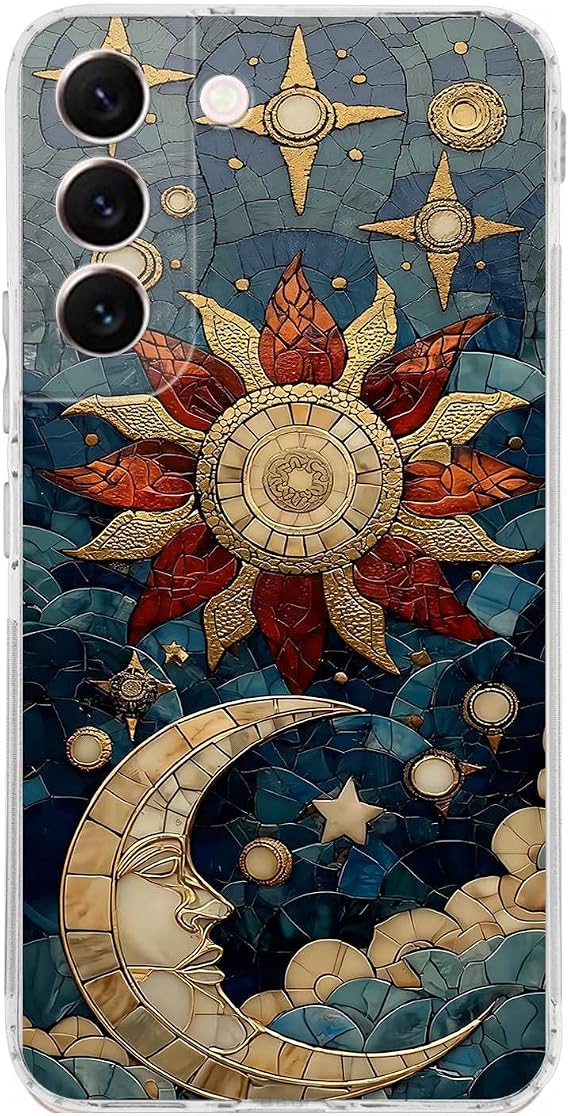 PrintiFy Samsung Galaxy S22 ile Uyumlu Vitray Sol ve Luna Tasarımlı Şeffaf Silikon Kılıf