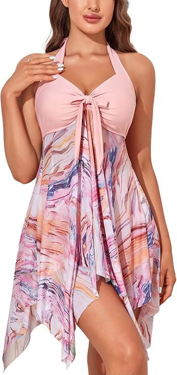 MiYang Womens Tankini Swimdress with Boyshorts Two Piece V Neck Bowknot Halter Bathing Suit Dress