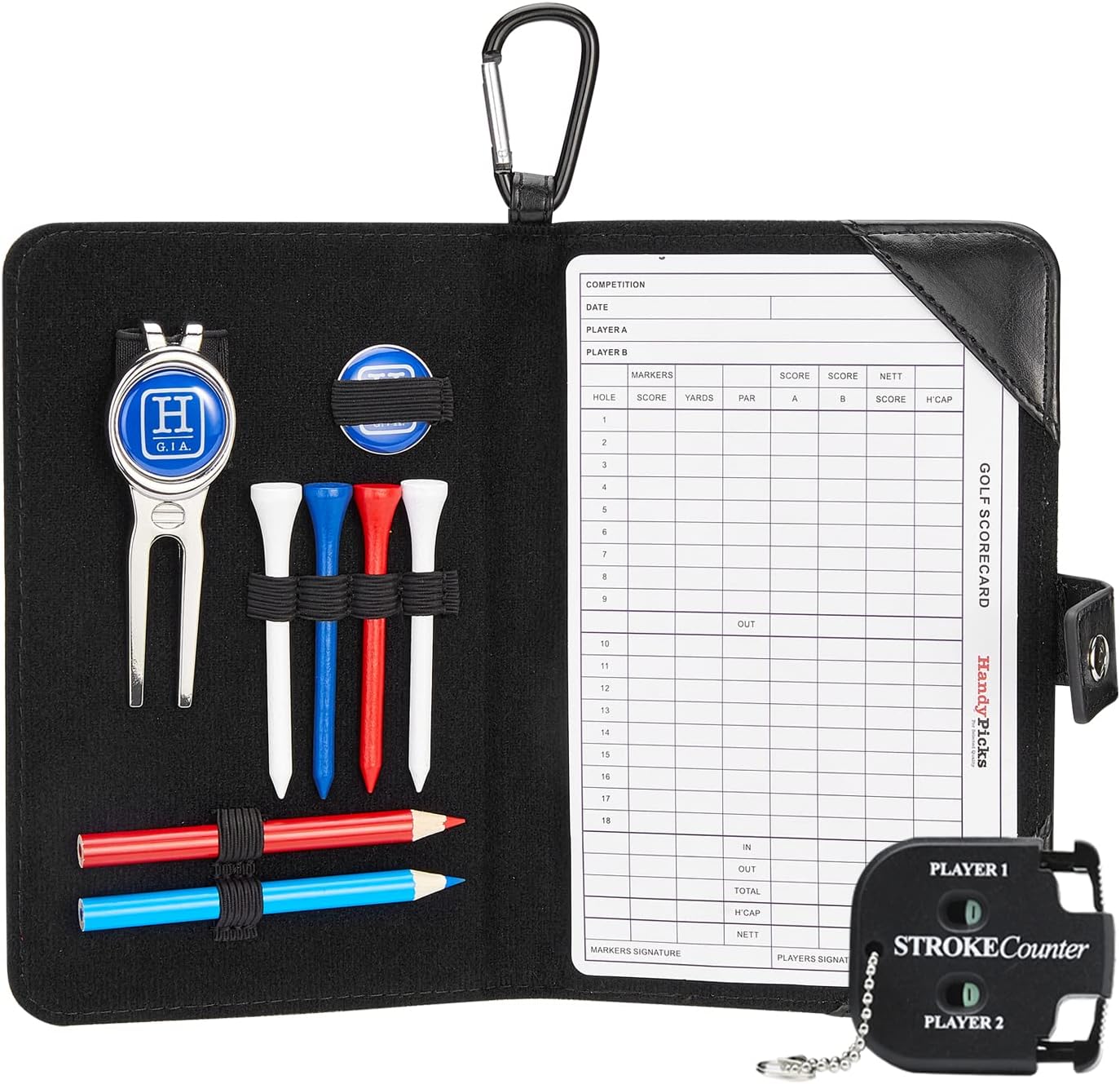 Handy Picks Golf Scorecard Holder n Yardage Book Cover - Divot Repair Tool, Ball Marker, Golf Tees, Scorer, Pencil n Scorecards Included - Gift for Golfers