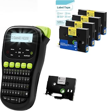 H1100 Label Maker Machine with 5PK Yellow Tapes Laminated, Black Label Maker with Keyboard, Handheld Labeler with Backlight Screen, Cabel Wire Label Maker for Industrial Home Office Use
