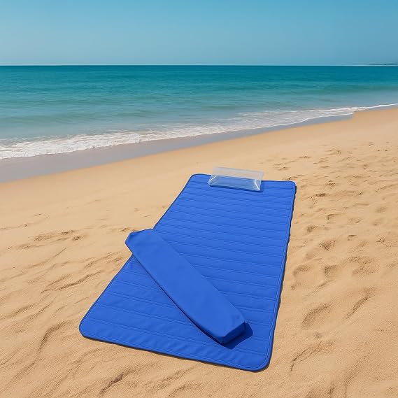 Deconox Katlanabilir Elyaflı Plaj Hasırı ve Şezlong Matı - 150x75 cm Askılı Taşıma Kılıflı Kamp ve Piknik Örtüsü (Şişme Yastık Hediyeli)