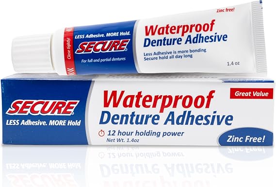 Secure Denture Adhesive Cream for Uppers, Lowers & Partials Waterproof Seal & Zinc Free Food Grade Ingredients - Less Adhesive, More Hold - Tube Lasts Up to 8 Weeks - 1.4 oz