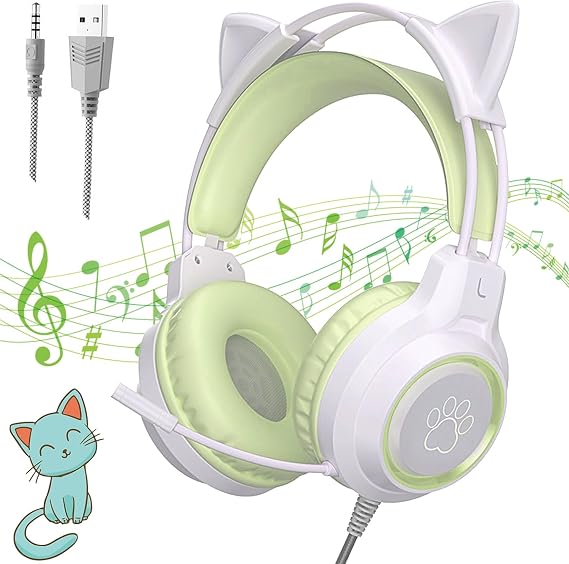 Cat Ear Headphones, 0.14 inch 3.5 mm Wired, 6.6 ft 2 m Cable, Gaming Headphones, Cute Headset, Gaming Girls, LED Light, Glitter, Gradually Changes, Extendable, Over-Ear Headphones, Microphone Included, 360° Directional Sound Collection, Removable, Stereo, Lightweight, Home Work, Remote Work, Christmas, New Year, Birthday, Best Gift Green
