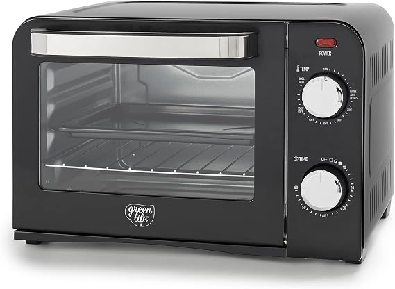 GreenLife Mini Oven Black Healthy Ceramic Nonstick Compact Size Bake Broil Toast Pizza Capability Aluminized Steel Baking Pan Stainless Steel Baking Rack Chromed Steel Pan Handle