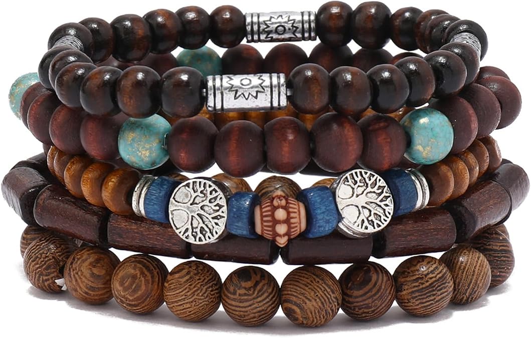 5PCS Boho Beaded Bracelet Set, Brown Blue Wooden Multi-layer | Stackable wooden bead wristband. Hippie boho style accessory. Great for men women daily wear.