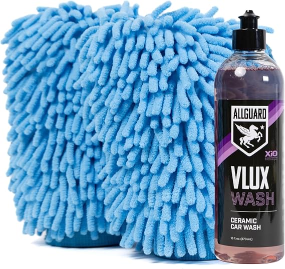 Microfiber Car Wash Mitt + VLUX Soap Double-Sided Car Washing Mitts for Exterior Vehicle Washing & Dusting, Lint-Free, Scratch-Free Chenille Wash Glove, High Absorption Capacity 2 Pack