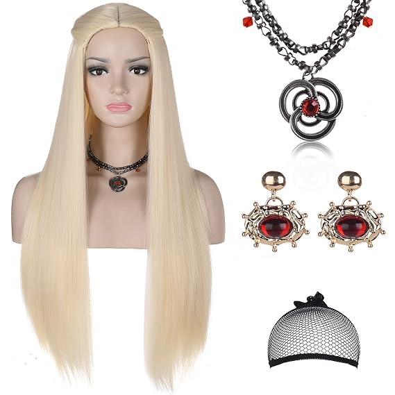 Young Princess Costume Wig for Women with Necklace and Earrings Long Blonde Braided Middle Part Synthetic Wig for Cosplay Halloween Party