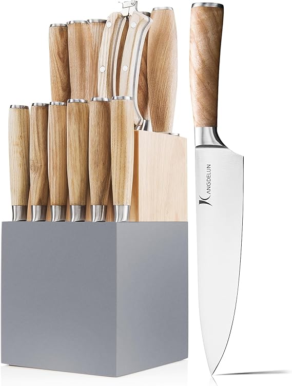 Kangdelun Ultra Sharp 15-Piece Kitchen Knife Set, High Carbon Stainless Steel Blades, Torrefied Natural Wood Handles, Ergonomic Design, Space-Saving Gray-Finished Wood Block, Easy Hand Wash, Gift Box