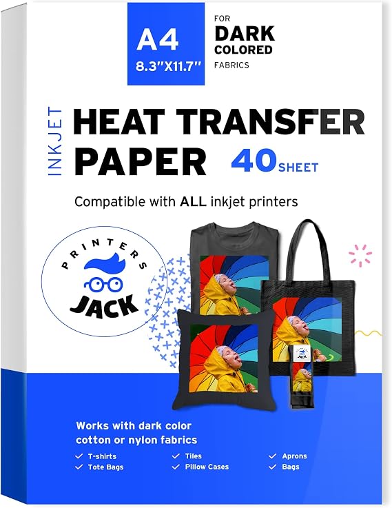 Printers Jack Iron-On Heat Transfer Paper for Dark Fabric 40 Pack 8.3x11.7" T-Shirt Transfer Paper for Inkjet Printer Wash Durable, Long Lasting Transfer, No Cracking