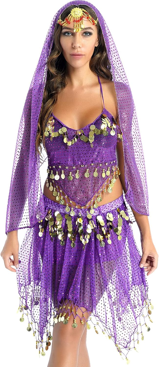 Women Indian Belly Dance Dress Set Crop Top Padded Bra Top with Skirt Veil Tassels Outfit Set