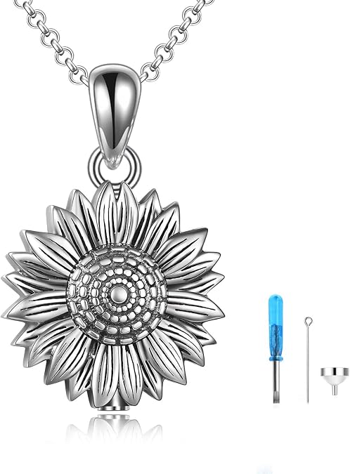 Sterling Silver Sunflower Urn Necklace for Ashes Rose Flower Cremation Jewelry for Ashes
