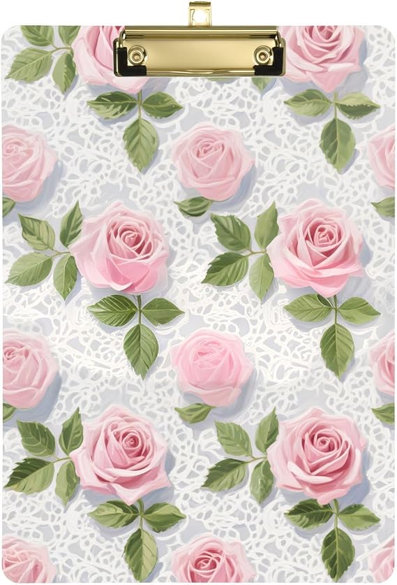 Pink Lace Rose Flowers File clipboard Standard Hole for Volleyball Baseball Coaches Size 9 x 12inches
