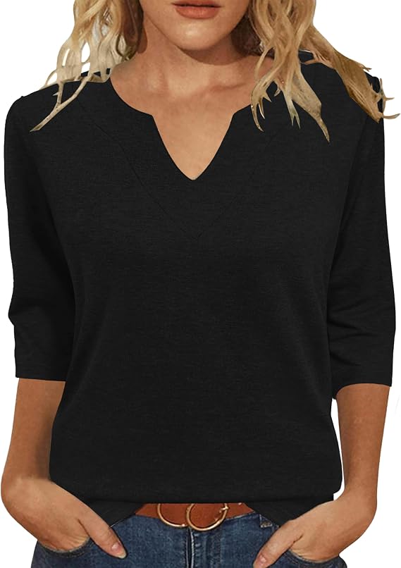 JomeDesign Womens Tops 3/4 Sleeve Shirts V Neck Loose Casual Blouses Solid Color Tshirts