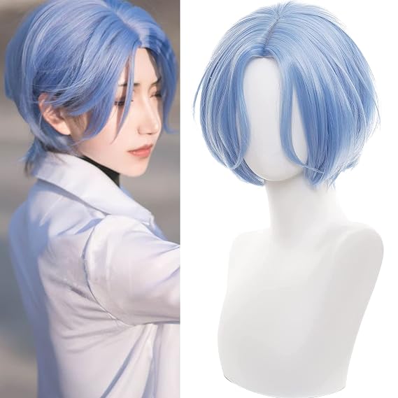 Anime Light sky Blue wigs Central Parting Men character High Temperature Synthetic Fiber wig Halloween,Christmas,Comic con,Daily WIG,Nightclub