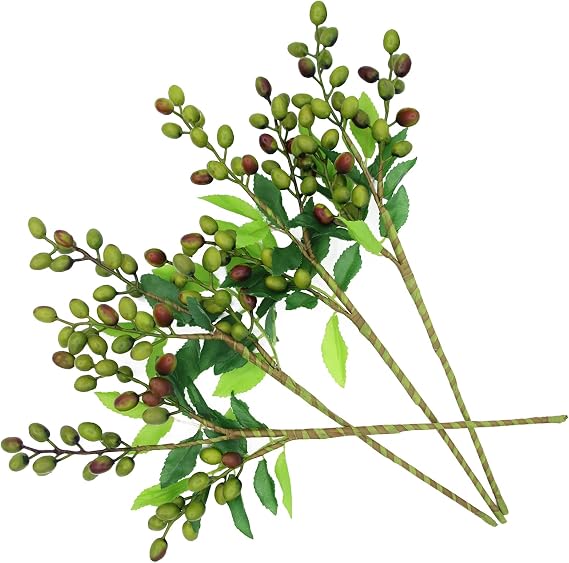 4PCS Artificial Greenery Faux Olive Berry Stems Fake Berries Branches Artificial Green Olive Branches Fake Berry Stems Decorations Fruits for Christmas Vase Filling Home Garden Wreath Decor(Green)