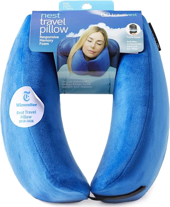 TRAVELREST Nest Neck Pillow Travel Essentials - Memory Foam Support - Blue | Breathable, Compact, Soft and Comfortable Design, Head & Shoulder Support For Long Flight Travel, Lightweight Washable Cover