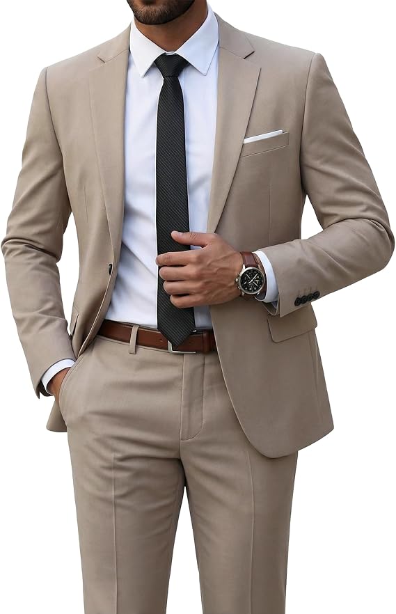 YND Men's 2 Piece Suit with Tie, Slim Fit Solid Color Jacket and Pants Set