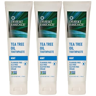 Desert Essence Tea Tree Oil Toothpaste - Mint - 18.75 Oz 6.25 Oz  Pack of 3 - Refreshing Taste - Deep Cleans Teeth & Gums - Helps Fight Plaque - Sea Salt - Pure Essential Oil - Baking Soda