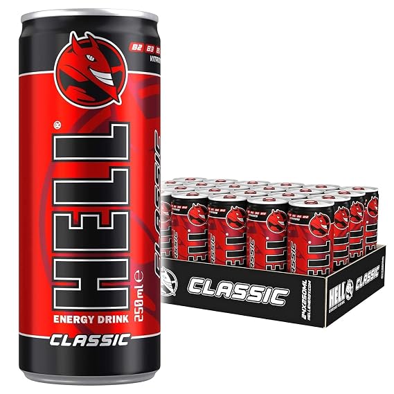 HELL CLASSIC Energy Drink | 32 mg/100 ml Caffeine | Vitamins B3, B5, B6, B12 | No Preservatives | Environmentally Friendly Packaging | 24 x 250ml | Compatible with HELL Energy
