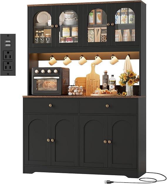 HIFIT 71" LED Kitchen Pantry Cabinet with Power Outlet, Tall Hutch, Black