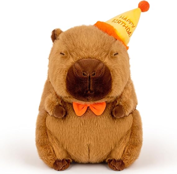Capybara Plush with Happy Birthday Hat Bow Soft Capibara Stuffed Animal Plushies Toys for Birthday Gifts Party Decoration for Kids Brown 9 inch (Small)