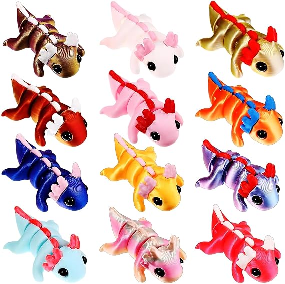 12Pcs 3D Printed Axolotl, 3D Printed Animals, 3D Printed Toys – 12Colors Flexible Articulating Fidget Figures for Play, Display & Sensory Stimulation (5cm Cute Animal Set)