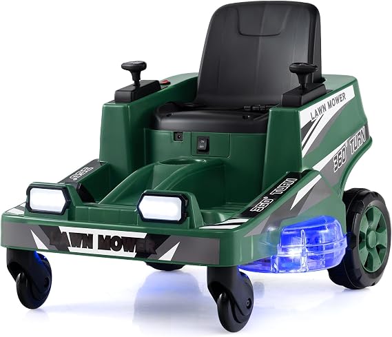 Costzon Ride on Lawn Mower for Kids, 12V Toddler Electric Car with 360 Twist and Turn, Dual Control Sticks, LED Lights, Outdoor Ride on Toy Gift for Boys & Girls Aged 3-8 (Dark Green)