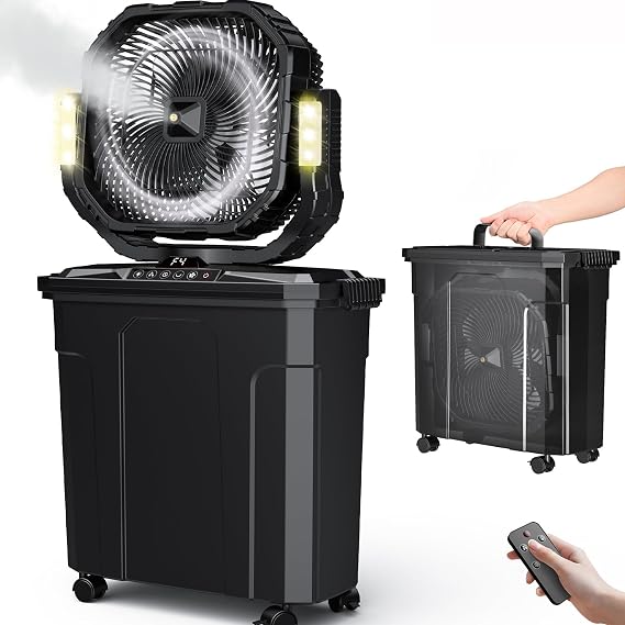 Ausic 5 Gal 12" Portable Misting Fan for Outside Patios, Max 62H Outdoor Rechargeable Battery Oscillating Fan with Remote, Cooling Dugout Water Fan with Caster/LED Light/Timer, Camping Essential