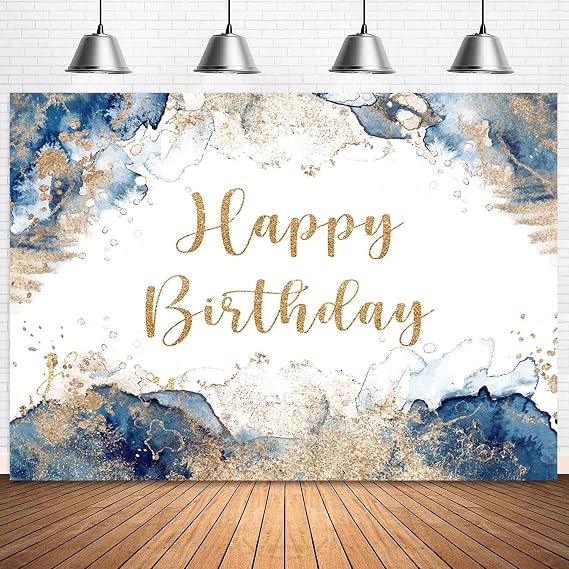 Sensfun Blue and Gold Happy Birthday Backdrop Abstract Watercolor Navy Golden Ink Texture Women Men Bday Photography Background Party Decorations Cake Table Banner Photo Booth Props 7x5ft