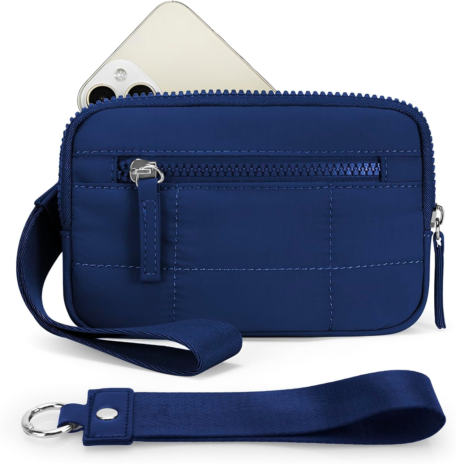 DOB SECHS Small Wristlet Wallet for Women RFID Nylon Quilted Clutch Phone Bag with 3 Zipper Pockets Back Clear Pocket