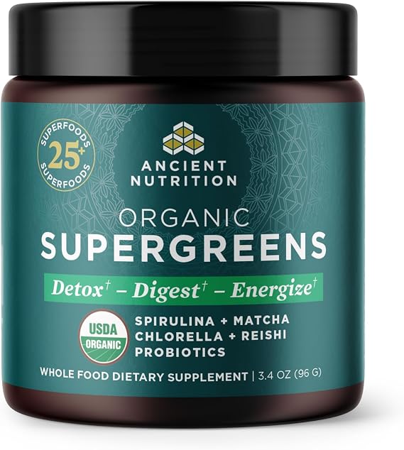 Ancient Nutrition Organic Super Greens Powder, Probiotics, Spirulina | Made from Real Fruits, Vegetables + Herbs, Digestive & Energy Support, Chlorella, Matcha, Digestive Enzymes, 12 Servings