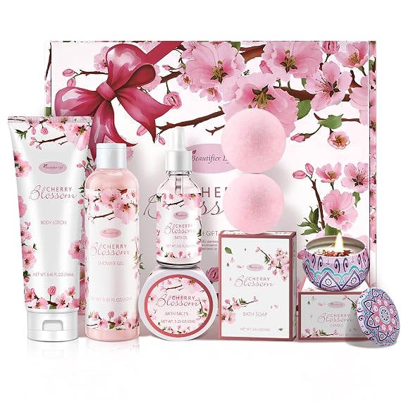 Bath and Body Gift Set for Women - Luxurious Home Spa Gift Set,Japanese Cherry Blossom 7-Piece Set Including Shower Gel,Body Lotion,Bath Oil,Bath Salt,Soap,Bath Bombs and Candle