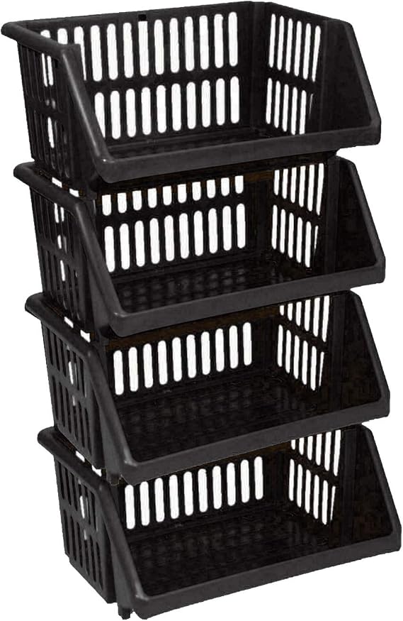 4 Tier Black Storage Stackable Baskets for Kitchen Shelving Unit Toys Free Standing Shelf Organizer Plastic Fruit Onion Potato Under Shelf Van Utility Room Stacking Basket Rack Large