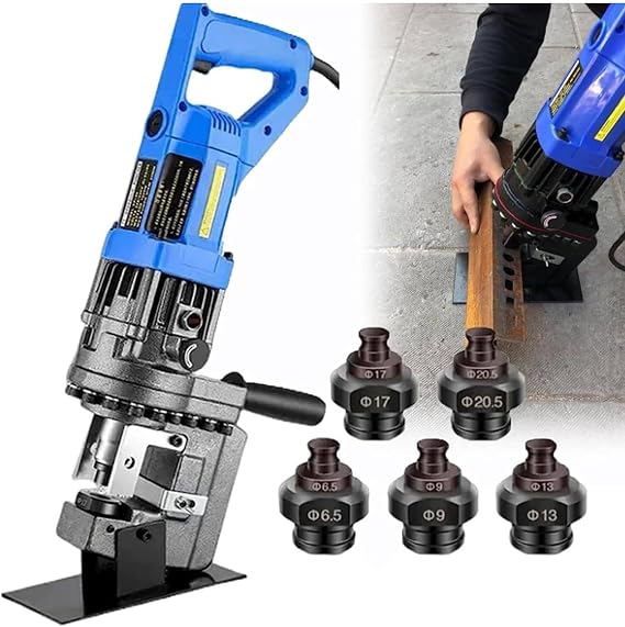 Electric Hydraulic Hole Puncher, Plate Hole Punching Machine 110v 1300W with Quick-Plug Foot Switch for SteelAngle SteelIronCopperAluminum Plate with 5 Punch Dies